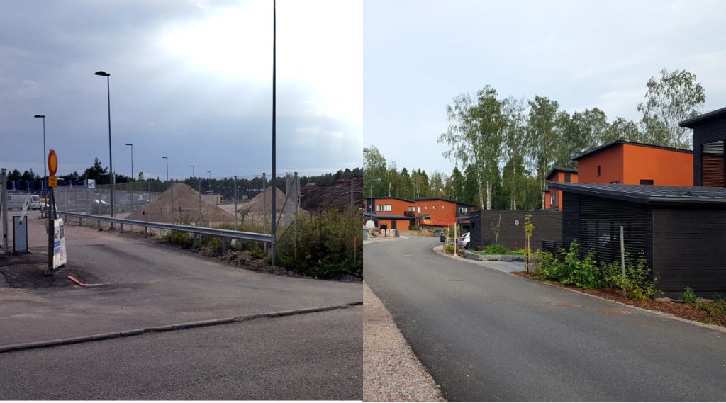 Vasemmalla Ruduksen kiviaineksen varastointia ja oikealla Raasilanmäen vastavalmistunutta pientaloaluetta, joista lähimmät talot vain noin sadan metrin päässä Ruduksen tontilta.